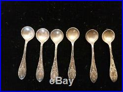 6 Antique Robert Lunt glass/crystal salt cellar set sterling spoons, xtra cellar