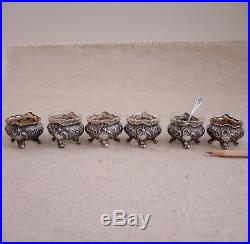 6 Continental 800 Silver Individual Salt Dish Repousse Glass Insert Spoon German