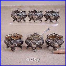 6 Continental 800 Silver Individual Salt Dish Repousse Glass Insert Spoon German