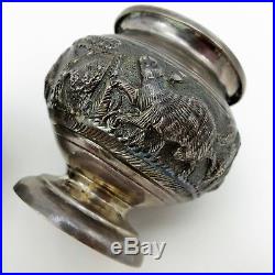 6 REPOUSSE SILVER Antique OPEN SALT CELLARS with FIGURAL SPOONS South Asia DRAGON