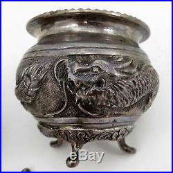 6 REPOUSSE SILVER Antique OPEN SALT CELLARS with FIGURAL SPOONS South Asia DRAGON