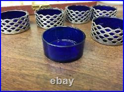 6 Sterling Silver Salt Cellar Holders With Cobalt Glass Inserts & Sterling Spoons