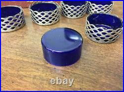 6 Sterling Silver Salt Cellar Holders With Cobalt Glass Inserts & Sterling Spoons