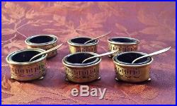 6 Sterling Silver and Colbalt Glass Salt Cellars with 4 Sterling Silver Spoons