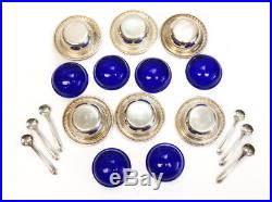 6 Webster Company Sterling Silver & Cobalt Glass Open Salt Cellars with Spoons