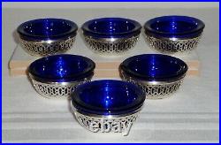 6 Webster Reticulated Sterling Silver & Cobalt Blue Glass Salt Dip Dish Cellars