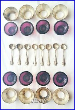 8 Sterling Open Salt Cellars & Shell Spoons Amethyst Liners-Grape Design Holder