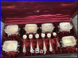 800 Sterling Silver Glass Footed Salt Cellar & Spoons, Set of 6! Gold Wash 0420