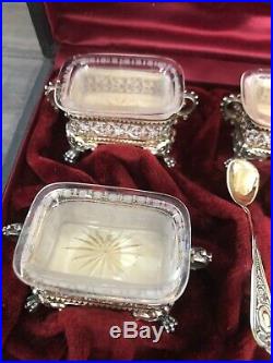 800 Sterling Silver Glass Footed Salt Cellar & Spoons, Set of 6! Gold Wash 0420