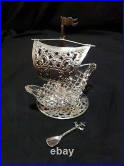 835 Silver Salt Cellar Cut Crystal Pirate Ship Sailboat Anchor Flag Sterling