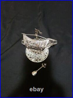 835 Silver Salt Cellar Cut Crystal Pirate Ship Sailboat Anchor Flag Sterling