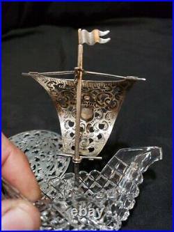 835 Silver Salt Cellar Cut Crystal Pirate Ship Sailboat Anchor Flag Sterling