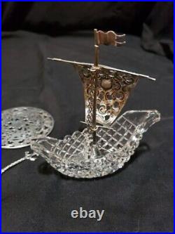 835 Silver Salt Cellar Cut Crystal Pirate Ship Sailboat Anchor Flag Sterling