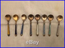 925 Silver Norwegian David Andersen 8 Enamel Salt Cellar Spoons Gold Washed Vtg
