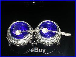 A. Jacobi & Co. Rose Repousse Sterling Silver Pair of Salt Cellars Cobalt Glass
