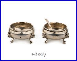 A Pair Of Antique Georgian Style Sterling Silver Footed Salts & Spoons