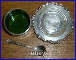 A. T. Gunner 925 Sterling Silver & Silver Overlay Green Glass Salt Cellar & Spoon