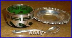 A. T. Gunner 925 Sterling Silver & Silver Overlay Green Glass Salt Cellar & Spoon