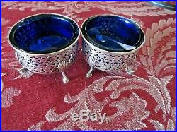 A lot of 2 Antique Gorham Sterling Silver and Blue Glass Salt Cellars & a Spoon