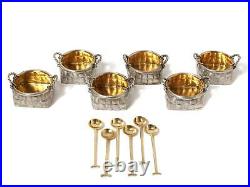 A set of 6 silver salt cellars with spoons in a wooden box. Brothers Grachev