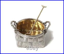 A set of 6 silver salt cellars with spoons in a wooden box. Brothers Grachev