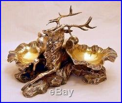 A very rare cast solid silver salt cellar with a seated stag, John S Hunt. Londo