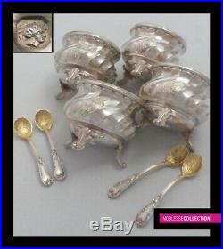 ANTIQUE 1880s FRENCH STERLING SILVER SALT CELLARS & SPOONS SET OF 4 PIECES