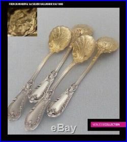 ANTIQUE 1880s FRENCH STERLING SILVER SALT CELLARS & SPOONS SET OF 4 PIECES
