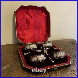 ANTIQUE 19thC VICTORIAN SOLID SILVER SALT POT CELLARS AND SPOON SET 1887