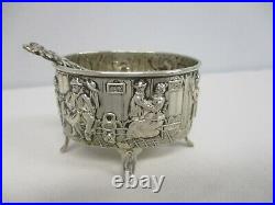 ANTIQUE 800 SILVER FOOTED SALT CELLAR with FIGURAL SCENE & RIBBON BOW SPOON