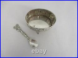 ANTIQUE 800 SILVER FOOTED SALT CELLAR with FIGURAL SCENE & RIBBON BOW SPOON