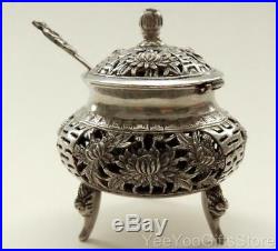ANTIQUE Chinese SOLID SILVER Salt/Pepper/Mustard MUMs Tripod CELLAR with SPOON
