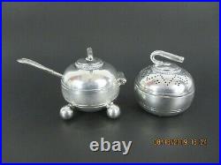 ANTIQUE ENGLISH SILVER CURLING STONE NOVELTY PEPPERETTE & SALT CELLAR withSPOON