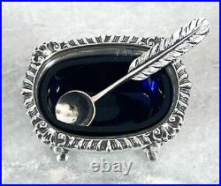 ANTIQUE ENGLISH STERLING SILVER FOOTED SALT CELLAR, HALLMARKED, c1900, withSPOON