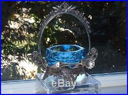 Antique Fancy Silver Plate Sky Blue Glass Master Salt Cellar Dish Rare