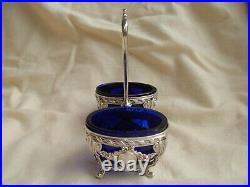 ANTIQUE FRENCH STERLING SILVER BLUE CRYSTAL DOUBLE SALT CELLARS, LATE 19th