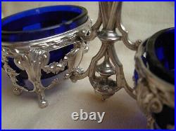 ANTIQUE FRENCH STERLING SILVER BLUE CRYSTAL DOUBLE SALT CELLARS, LATE 19th