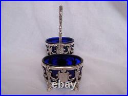 ANTIQUE FRENCH STERLING SILVER CRYSTAL DOUBLE SALT CELLARS, LATE 19th CENTURY