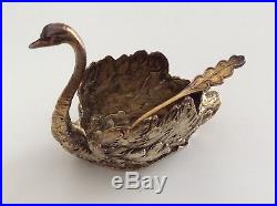 ANTIQUE IMPERIAL RUSSIAN SILVER SWAN OPEN SALT CELLAR WITH SPOON Gold Plated