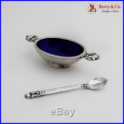 Acorn Oval Salt Dish Sterling Silver Blue Enamel Spoon Georg Jensen 662