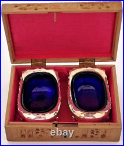Adie Brothers English Sterling Silver Salt Cellars with Cobalt Blue Liner 1931