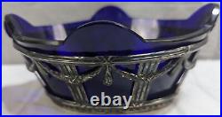 Ant. Master Salt Cellar 800 SILVER Cobalt Glass Liner Drape SWAGS Laurel Wreaths