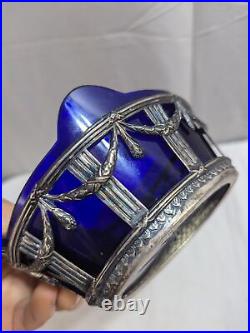 Ant. Master Salt Cellar 800 SILVER Cobalt Glass Liner Drape SWAGS Laurel Wreaths