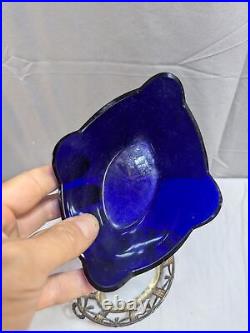 Ant. Master Salt Cellar 800 SILVER Cobalt Glass Liner Drape SWAGS Laurel Wreaths