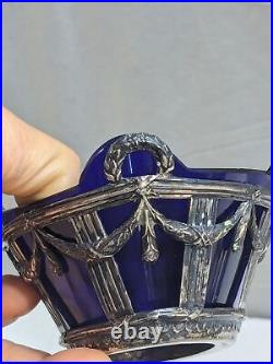 Ant. Master Salt Cellar 800 SILVER Cobalt Glass Liner Drape SWAGS Laurel Wreaths