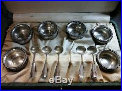 Antique #103 Sterling Silver 6 Salt Cellars & 5 Sterling Spoons In Original Case