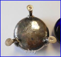 Antique 1784 Sterling Silver London Shell Footed Salt Cellar Cobalt Glass Insert