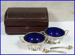 Antique 1874 Pair Martin & Hall & Co Sterling Silver Salt Cellars In Box & Spoon