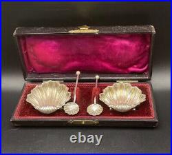 Antique 1899 Chester Sterling Silver Victorian Cased Shell Salts matching Spoons