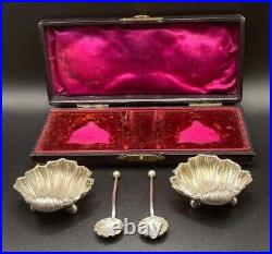 Antique 1899 Chester Sterling Silver Victorian Cased Shell Salts matching Spoons